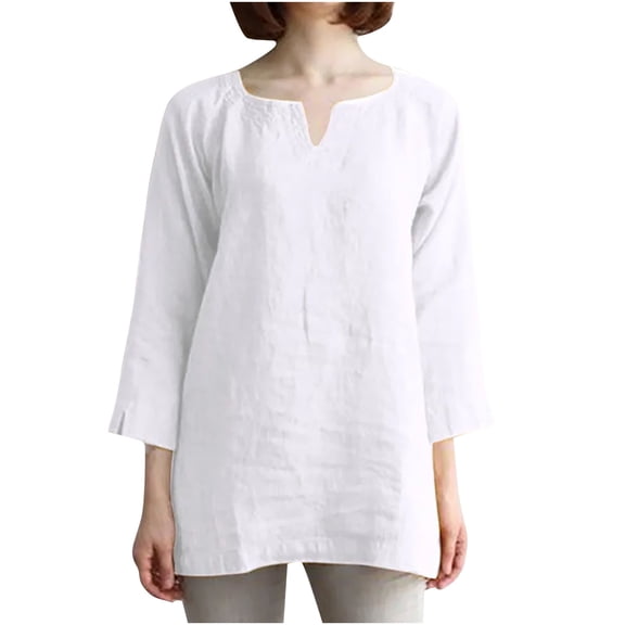 Juebond Women Plus Size Linen Shirts,Casual Split V Neck 3/4 Sleeve Tunic Tee Shirts Comfy Going Out Blouse Tops