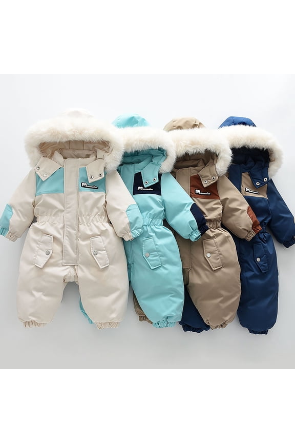 Baby Girls Boys One Piece Snowsuit Kids Fur Trim Hooded Ski Overall 2025 Winter Warm Snow Jumpsuit Romper for Outdoor White,1 Years