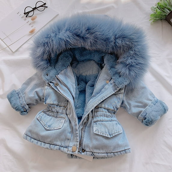 Juebong Baby Kids Essentials Toddler Kids Baby Girls Hooded Faux Fur Fleece Warm Thick Denim Coat Outwear