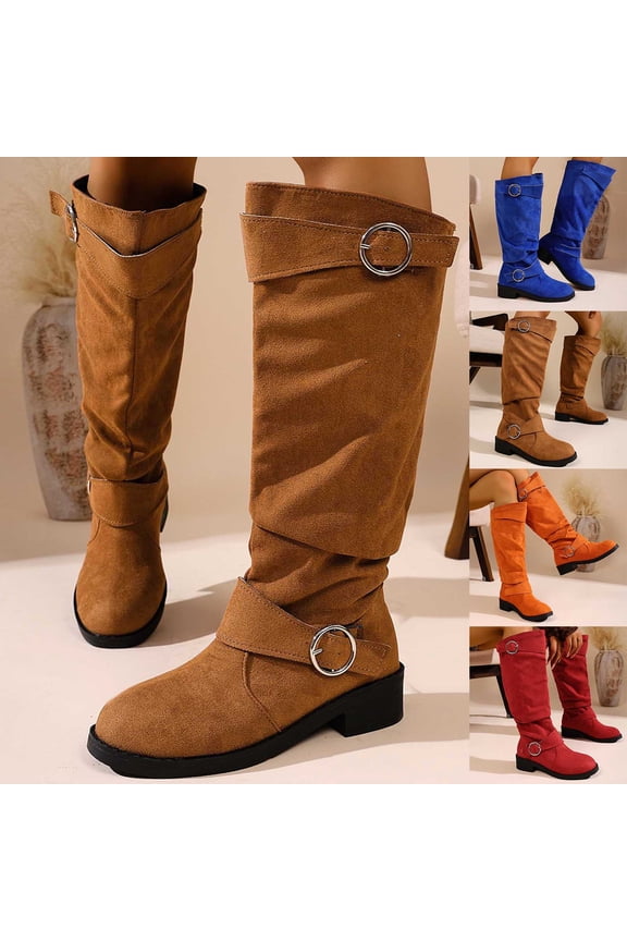 Belt Buckle Mid Calf Boots for Women Suede Chunky Low Heel Round Toe Boots Pirate Medieval Stylish Riding Boots Brown,37