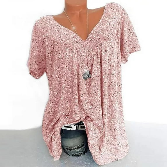 Juebong Blouses for Womens Summer Plus Size Tunic Tops S-5XL, V Neck Short Sleeve Floral Print Pleated Flowy Shirt Blouse Style For Laides And Girls