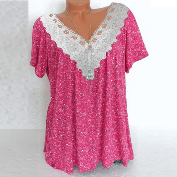 Juebong Blouses for Womens Summer Plus Size Tunic Tops S-5XL, V Neck Short Sleeve Floral Print Pleated Flowy Shirt Blouse Style For Laides And Girls