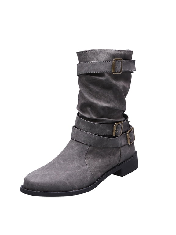 Boots on Clearance 2023 Mid Calf Dress Boots For Women Biker Boots Trendy Pull On Cowboy Boots Western Cowgirl Booties Ladies Round Toe Dress Boots