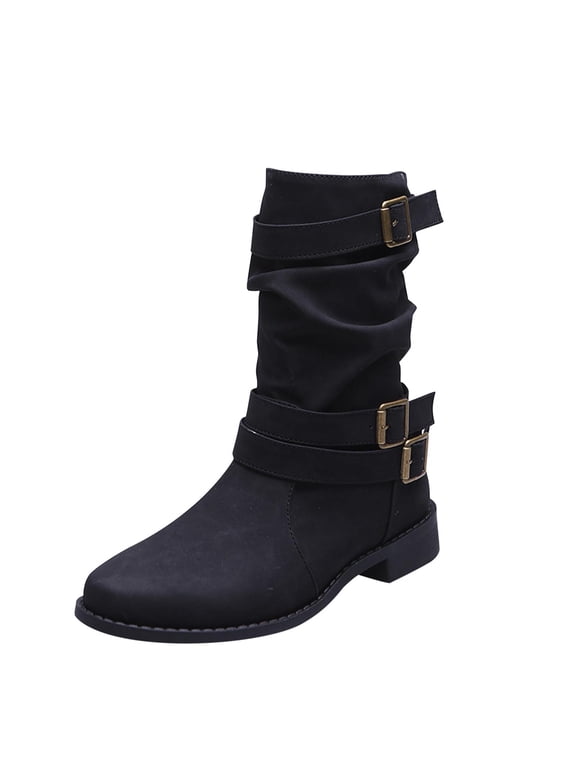 Boots on Clearance 2023 Mid Calf Dress Boots For Women Biker Boots Trendy Pull On Cowboy Boots Western Cowgirl Booties Ladies Round Toe Dress Boots