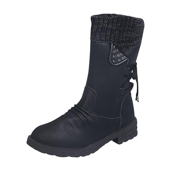 Juebong Boots on Clearance 2023 Womens Mid-calf Snow Boots Fashion Back Strap Elastic Round Toe Square Heel Slip-On Boots Winter Outdoor Warm Casual Shoes