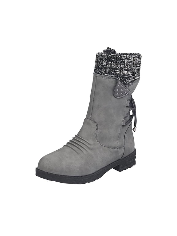 Womens Mid-calf Snow Boots Fashion Back Strap Elastic Round Toe Square Heel Slip-On Boots Winter Outdoor Warm Casual Shoes