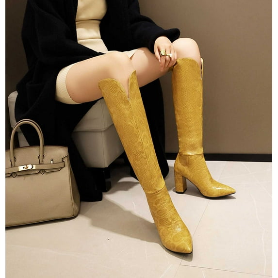 Juebong Outdoor Plus Size Boots Teen Girls Long Snake Print Boots Low Heel Pointed Toe Shoes Boots Knight Boots,Yellow,9.5