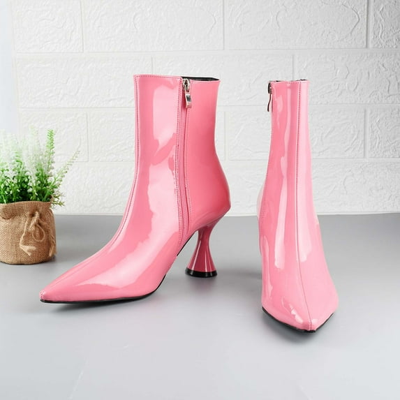 Juebong Boots Deals Pointed Toe Side Zipper High Heel Ankle Boots Dressy Temperament Candy Color Patent Leather Teen Girls Boots Women Dress Boots