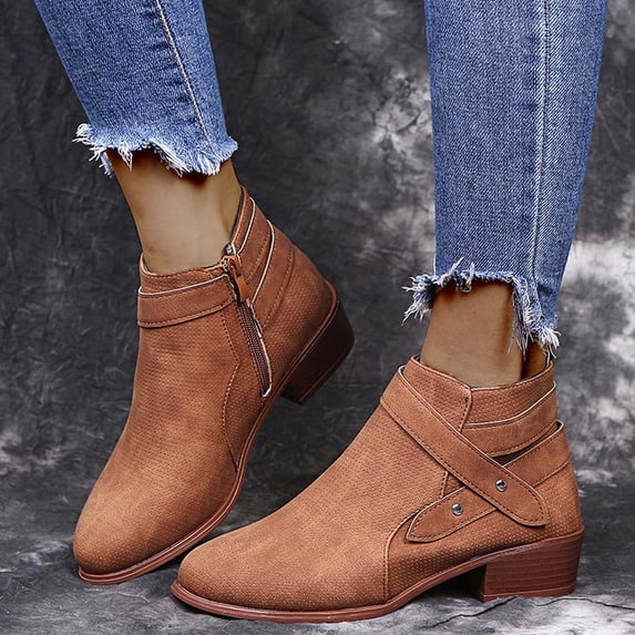 Juebong Boots Deals Women Leather Square Heel Booties Zipper Lightweight Short Shoes Round Toe Zip Square Heel Retro Ankle Boots