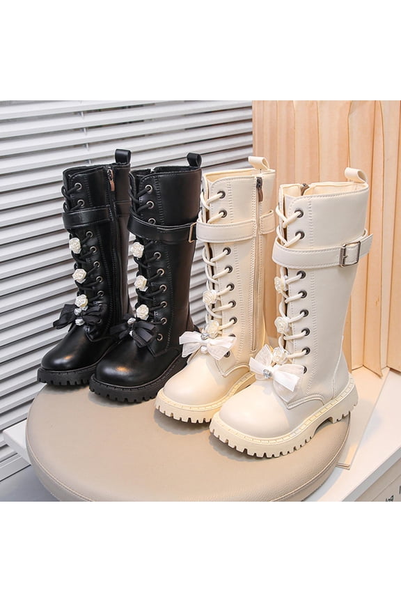 Boots for Girls Lace Up Riding Boots Mid Calf Combat Shoes Side Zipper Fashion Punk Goth Boot Black,28