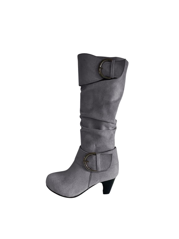 Boots on Clearance 2025 Womens Slouchy Mid Calf Boots Chunky Heel Faux Leather Knee High Boots Side Zipper Metal Buckle Folds Winter Boots