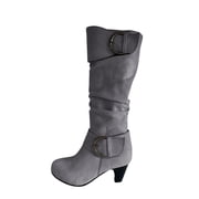 Juebong Boots on Clearance 2025 Womens Slouchy Mid Calf Boots Chunky Heel Faux Leather Knee High Boots Side Zipper Metal Buckle Folds Winter Boots
