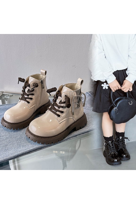 Boys Girls Ankle Combat Boots with Side Zipper Lace-Up Toddler Kids PU Leather Fashion Shoes Beige,28