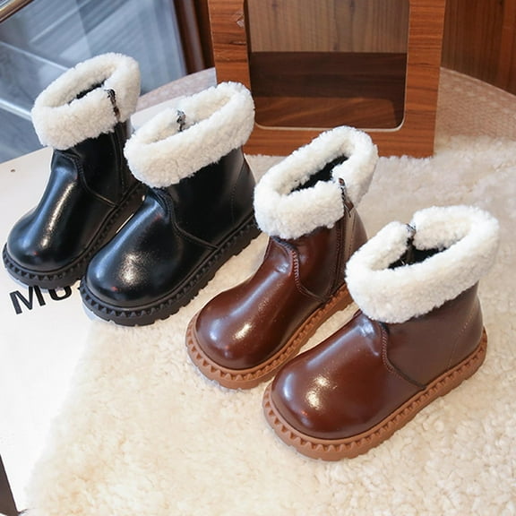Juebong Boys Girls Faux Fur Fleece Lined Booties Ankle Boots with Side Zipper Toddler Kids Winter Warm Combat Boots Black,34