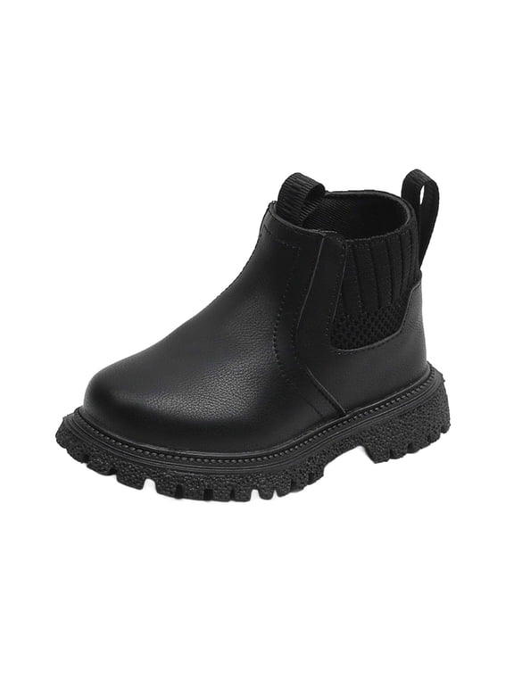 Juebong Boys Girls High Top Combat Ankle Boots Kids Waterproof PU Leather Fall Boots Winter Warm Snow Outdoor Hiking Shoes Toddler Non Slip Texture Soft Durable Walking Boot Black Boots 7 US Infant