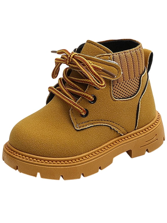 Juebong Boys Girls High Top Combat Ankle Boots Kids Waterproof PU Leather Fall Boots Winter Warm Snow Outdoor Hiking Shoes Toddler Non Slip Texture Soft Durable Walking Boot Yellow Boots 23 US Infant