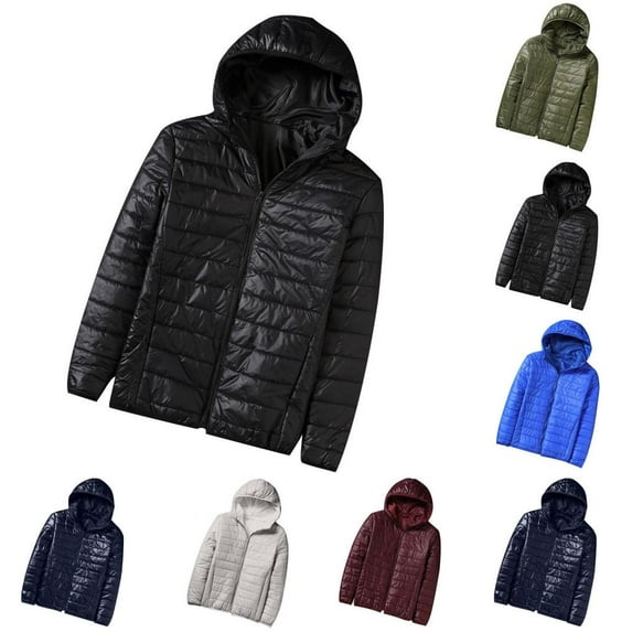 Juebong Bubble Jacket For Men With Hood Light Padded Packable Puffer Jacket Hooded Zip Up Lightweight Quilted Down Coat Black,XXL