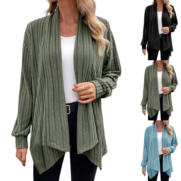 Juebong Cardigan Sweaters for Women Long Sleeve Lightweight Open Front Ribbed Knit Cardigans Casual Loose Sweater Coat Black,XXL