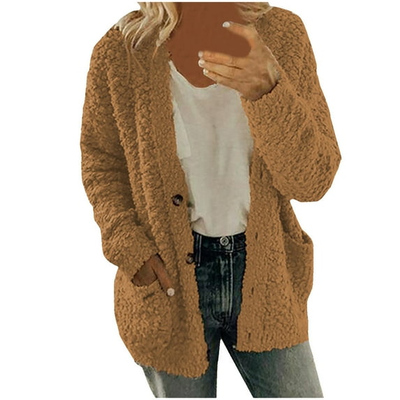 Juebong Christmas Deals 2022 Women Casual Plus Size Plush Sweater Pockets Outerwear Buttons Cardigan Coat,Coffee,S