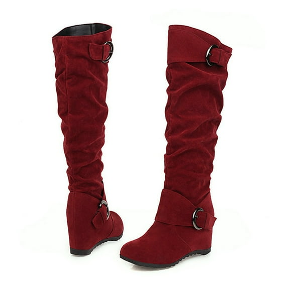 Juebong Christmas Deals Women's Wedge Heel Boosters High Heels Casual Solid Color Slip-On Winter Warm Belt Buckle Knee Rider Boots,6, Red