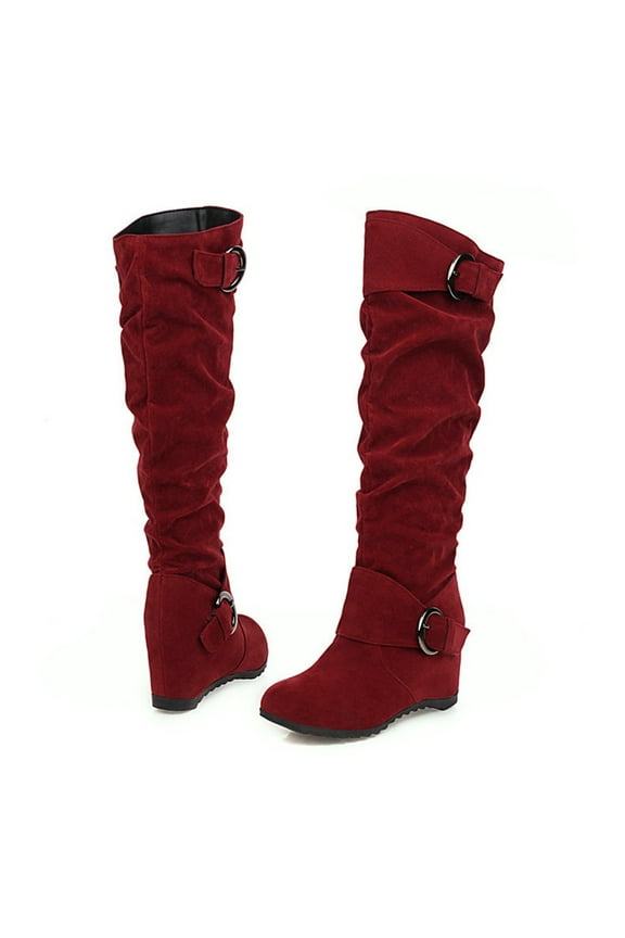 Christmas Women's Wedge Heel Boosters High Heels Casual Solid Color Slip-On Winter Warm Belt Buckle Knee Rider Boots,9, Red