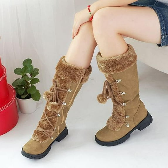 Juebong Christmas Deals Women's boots lace-up zipper snow boots plush cotton boots warm cotton shoes plush ball ethnic knight boots,10.5, Brown