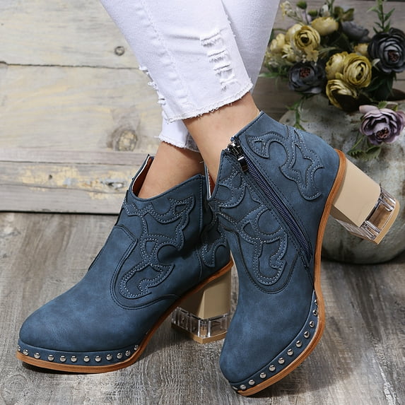 Juebong Christmas Gifts Embroidered Thick Heel Elastic Women's Boots With Side Zipper Chelsea Booties