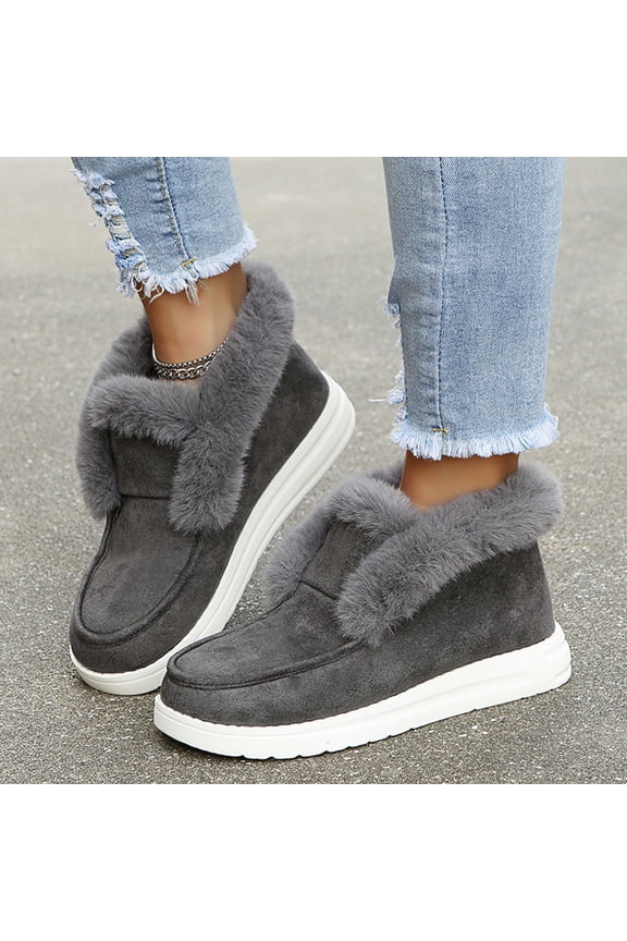 Christmas Gifts Women's Plush Flats Shoes Solid Color Round Toe Casual Plus Velvet Students Shoes,Gray,7.5