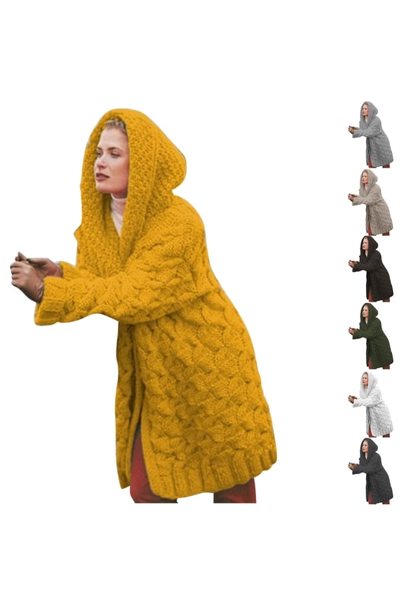 Chunky Hooded Cardigan Sweaters for Women 2025 Oversized Trendy Cable Knit Fall Outfits Fashion Cozy Winter Coat Jackets Yellow,M