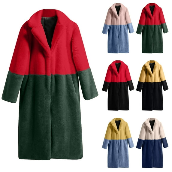 Juebong Color Block Contrast Faux Fur Coat Women Plus Size Fuzzy Jacket Shawl Collar Parka Overcoat Casual Open Front Cardigan Fleece Winter Jackets Red,L