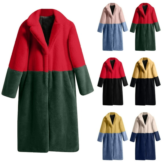 Juebong Color Block Contrast Faux Fur Coat Women Plus Size Fuzzy Jacket Shawl Collar Parka Overcoat Casual Open Front Cardigan Fleece Winter Jackets Pink,S