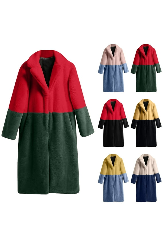 Color Block Contrast Faux Fur Coat Women Plus Size Fuzzy Jacket Shawl Collar Parka Overcoat Casual Open Front Cardigan Fleece Winter Jackets Army Green,L