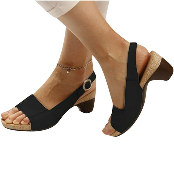 Juebong Comfortable Elegant Low Chunky Heel Shoes Women Summer Chunky Block Heel Sandals Pumps Ankle Buckle Open Toe Casual Shoes,Black Size 5.5