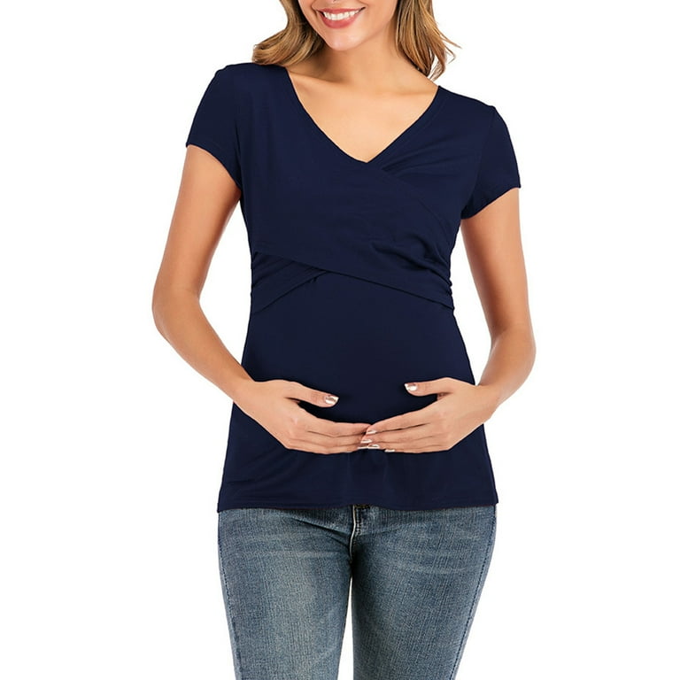Juebong Criss Cross Wrap Front Maternity Nursing Tops Women Short Sleeve V Neck Tunic Basic Shirts Plus Size Maternity Tops Breastfeeding Cap Sleeve