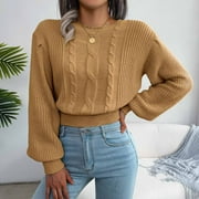 Juebong Cropped Sweater Tops for Women Casual Solid Round Neck Long Sleeve Short Sweaters Autumn Winter Warm Soft Pullover Blouse Sweatshirts for Teen Girls