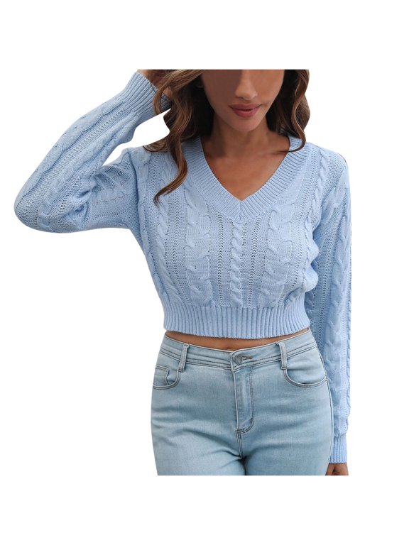 Cropped Sweater Tops for Women Casual Solid Round Neck Long Sleeve Short Sweaters Autumn Winter Warm Soft Pullover Blouse Sweatshirts for Teen Girls