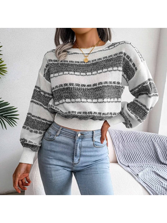 Cropped Sweater Tops for Women Casual Solid Round Neck Long Sleeve Short Sweaters Autumn Winter Warm Soft Pullover Blouse Sweatshirts for Teen Girls