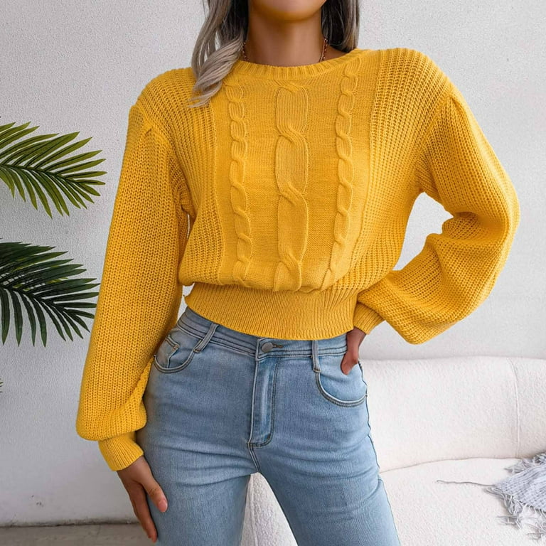 Juebong Cropped Sweater Tops for Women Casual Solid Round Neck