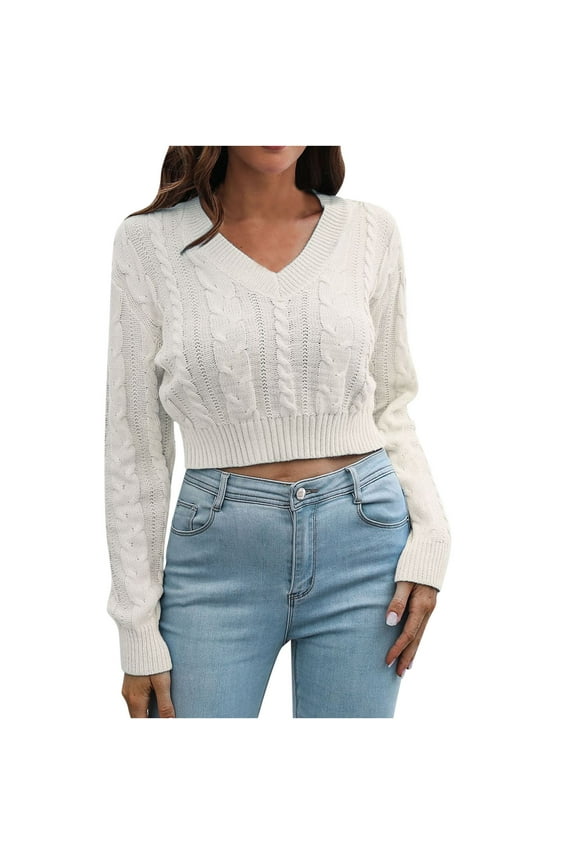 Cropped Sweater Tops for Women Casual Solid Round Neck Long Sleeve Short Sweaters Autumn Winter Warm Soft Pullover Blouse Sweatshirts for Teen Girls