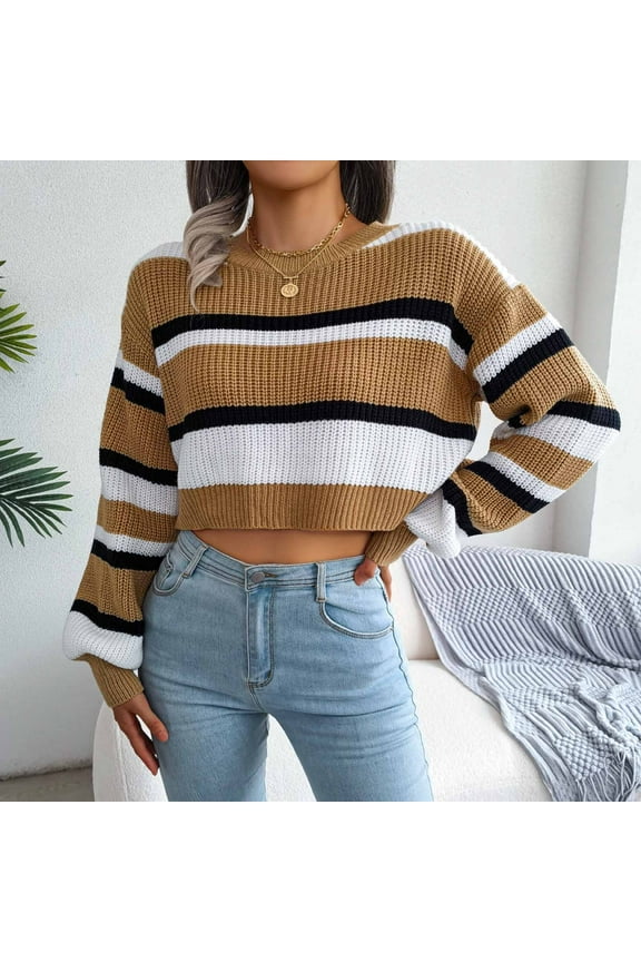 Cropped Sweater Tops for Women Casual Solid Round Neck Long Sleeve Short Sweaters Autumn Winter Warm Soft Pullover Blouse Sweatshirts for Teen Girls