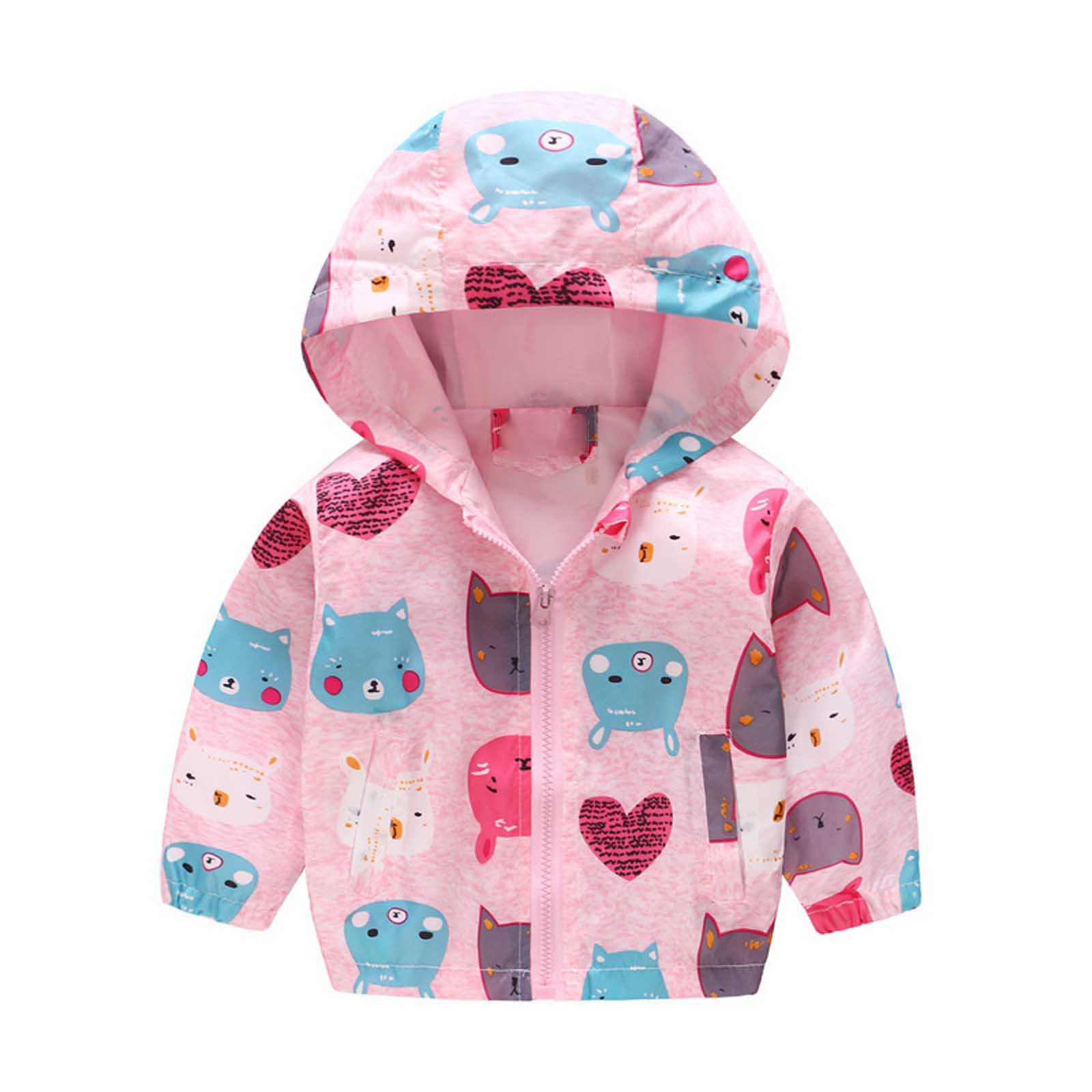 Juebong Deals Toddler Girl Boy Spring Fall Coat Windbreaker with Hoods Baby Zip-up Thin Hooded Jacket Lightweight Cute Print Long Sleeve Windproof Outwear Clothes 1-7T Hallow's gift