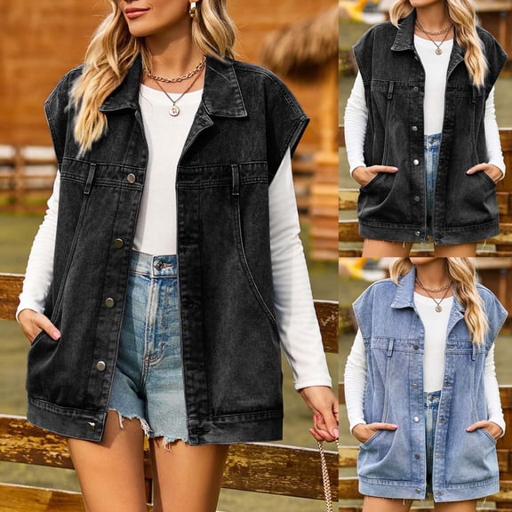 Juebong Denim Vest Top for Women 2025 Trendy Boyfriend Sleeveless Jean Jacket Comfy Casual Classic Shackets Distressed Fall Coats Black,L