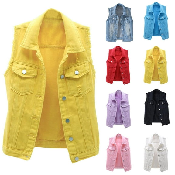 Juebong Denim Vest Top for Women 2025 Trendy Plus Size Sleeveless Jean Jacket Solid Comfy Casual Classic Cute Cropped Jackets Coats Black,XXXL