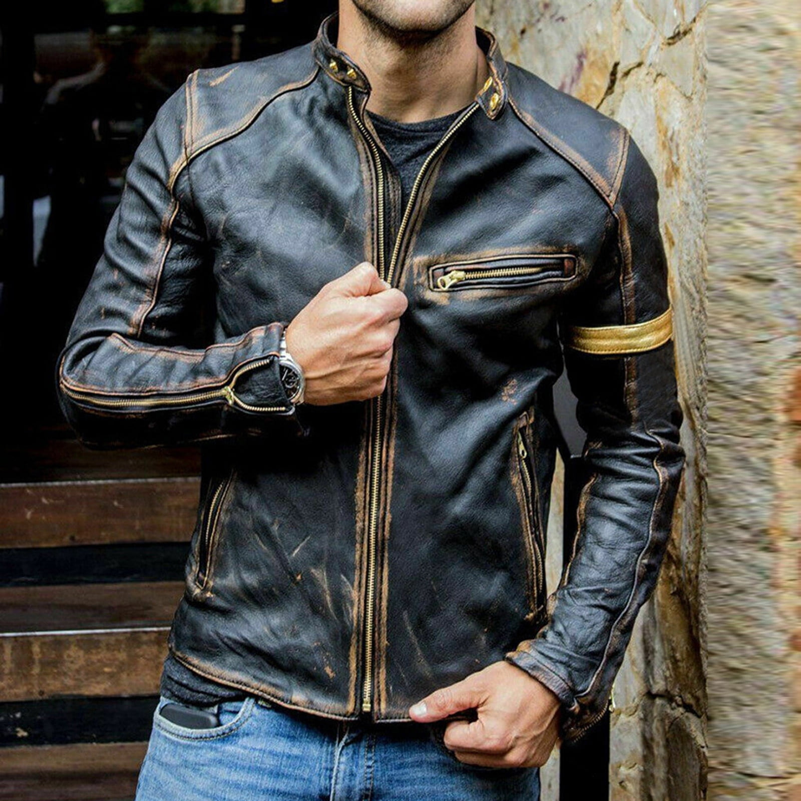 Black/Brown Biker Alligator Croc Print Leather Jacket - Jackets