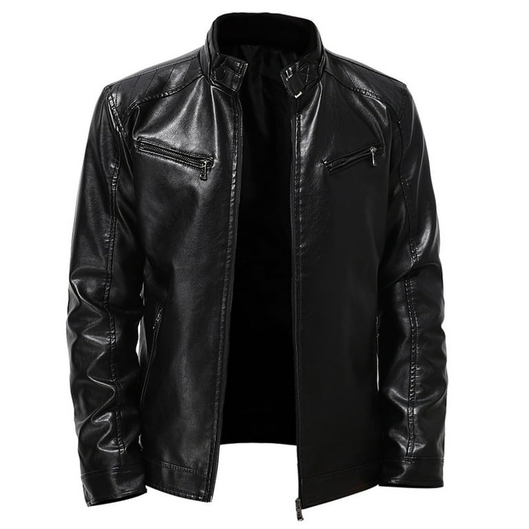 Juebong Casual Faux Leather Fleece Jacket for Men, Warm Open