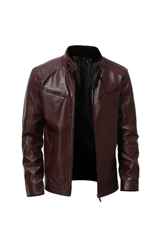 Dressy PU Leather Jacket for Boys for Men Open Front Cardigan Office Work Leather Plus Fleece Jacket, Motorcycle Jacket, Warm Leather Jacket, Red, XL
