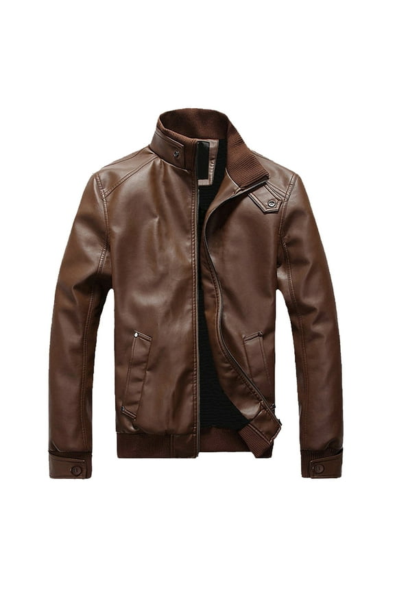 Dressy PU Leather Jacket for Boys for Men Open Front Cardigan Office Work Winter Leather Jacket Biker Motorcycle Zipper Long Sleeve Coat Top Blouses, Brown, M