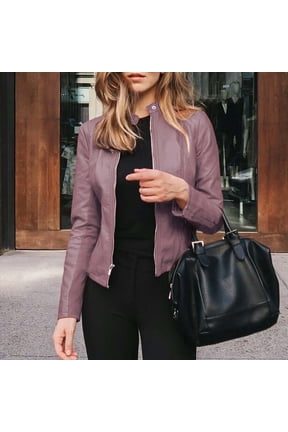 Fashion Dressy Women Faux Leather Jacket Short Slim Moto Coat for Spring Fall PU Outerwear Long Sleeve Open Front Short Cardigan Short Suit Jacket Coat Top, Purple, M