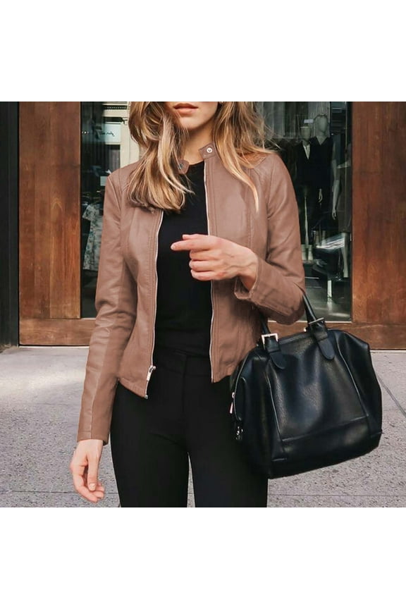 Fashion Dressy Women Faux Leather Jacket Short Slim Moto Coat for Spring Fall PU Outerwear Long Sleeve Open Front Short Cardigan Short Suit Jacket Coat Top, Khaki, S