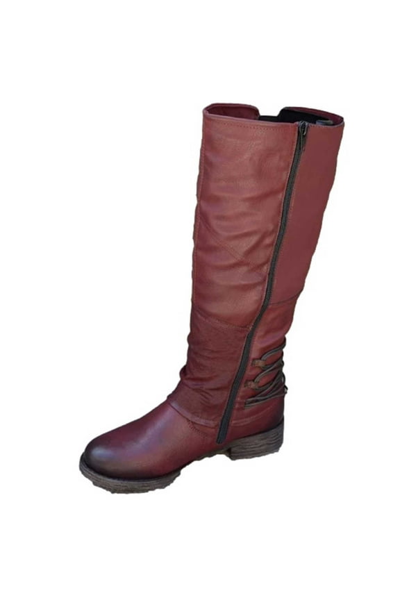 Fashion Plus Size Classic Boots Women Autumn Long Tube Zipper Low Heeled Shoes Boots Pointed Boots Knight Boots,Wine Size 8.5